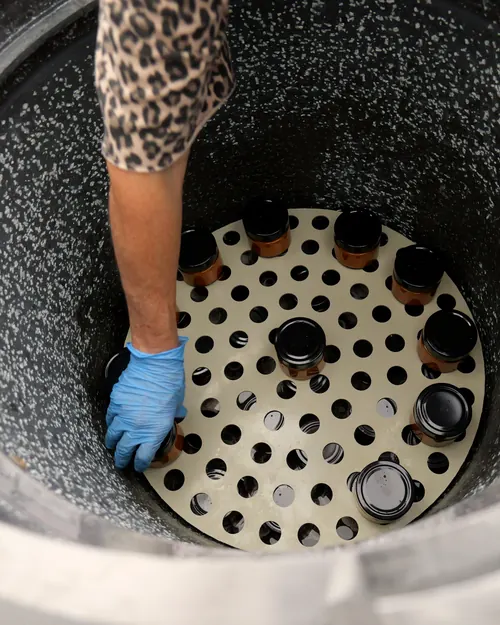 Bocaux disposés dans l'autoclave avant stérilisation